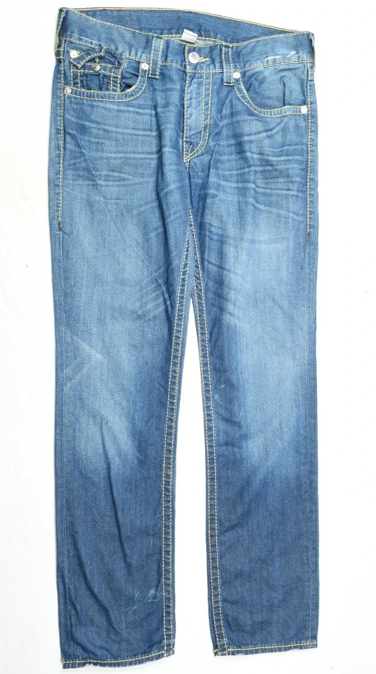 True Religion Slim Flap Gold Big T Jeans Mens 33 Blue Straight Leg Denim